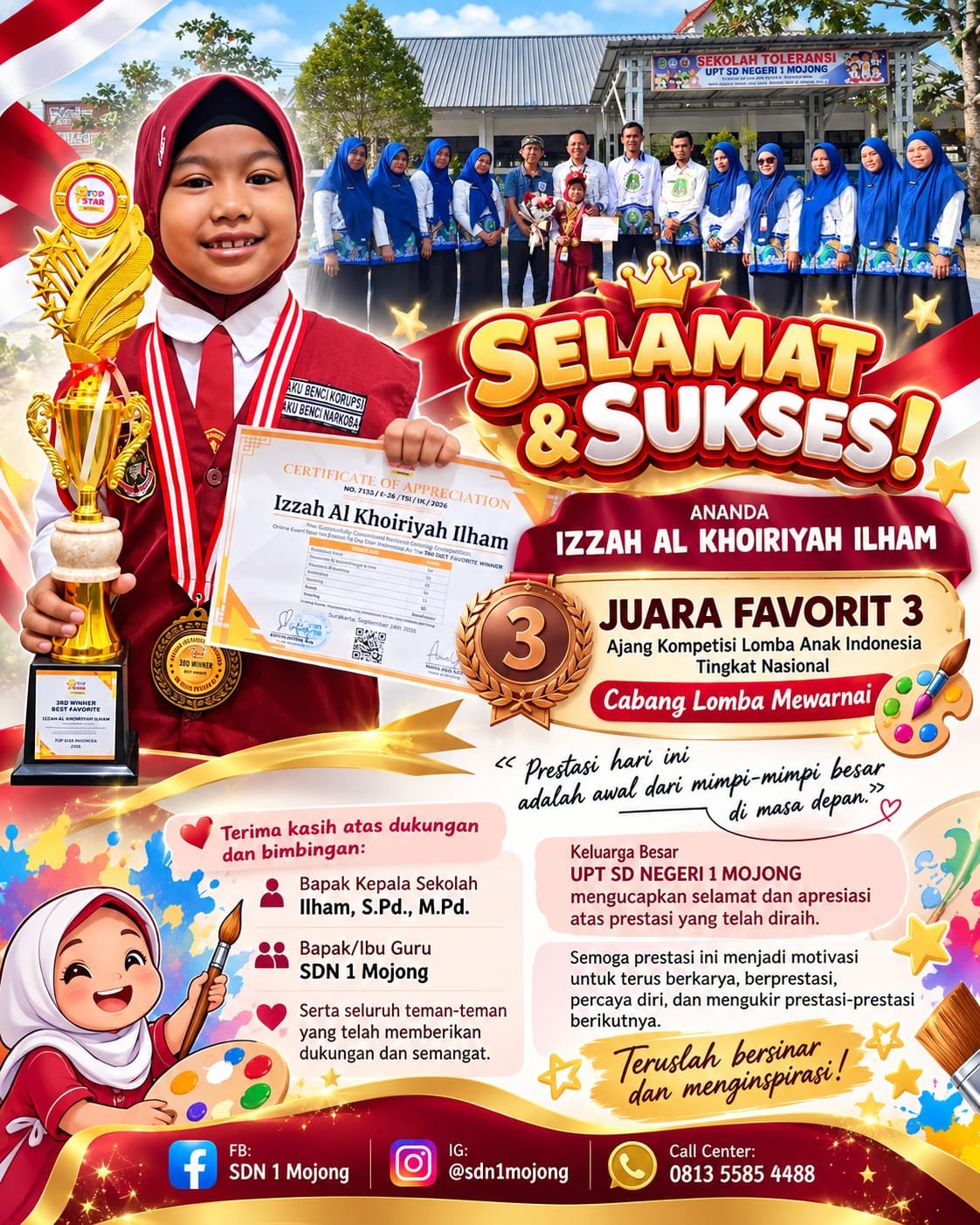 Harumkan Nama Sidrap, Siswa UPT SDN 1 Mojong Raih Juara Favorit 3 Tingkat Nasional